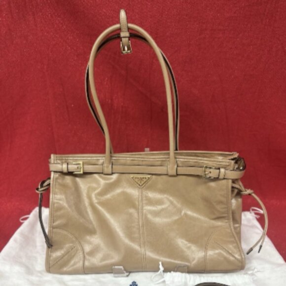 Genuine 2025 Prada Calfskin Bonnie Travertine Large leather handbag - Open Box - Picture 1 of 7